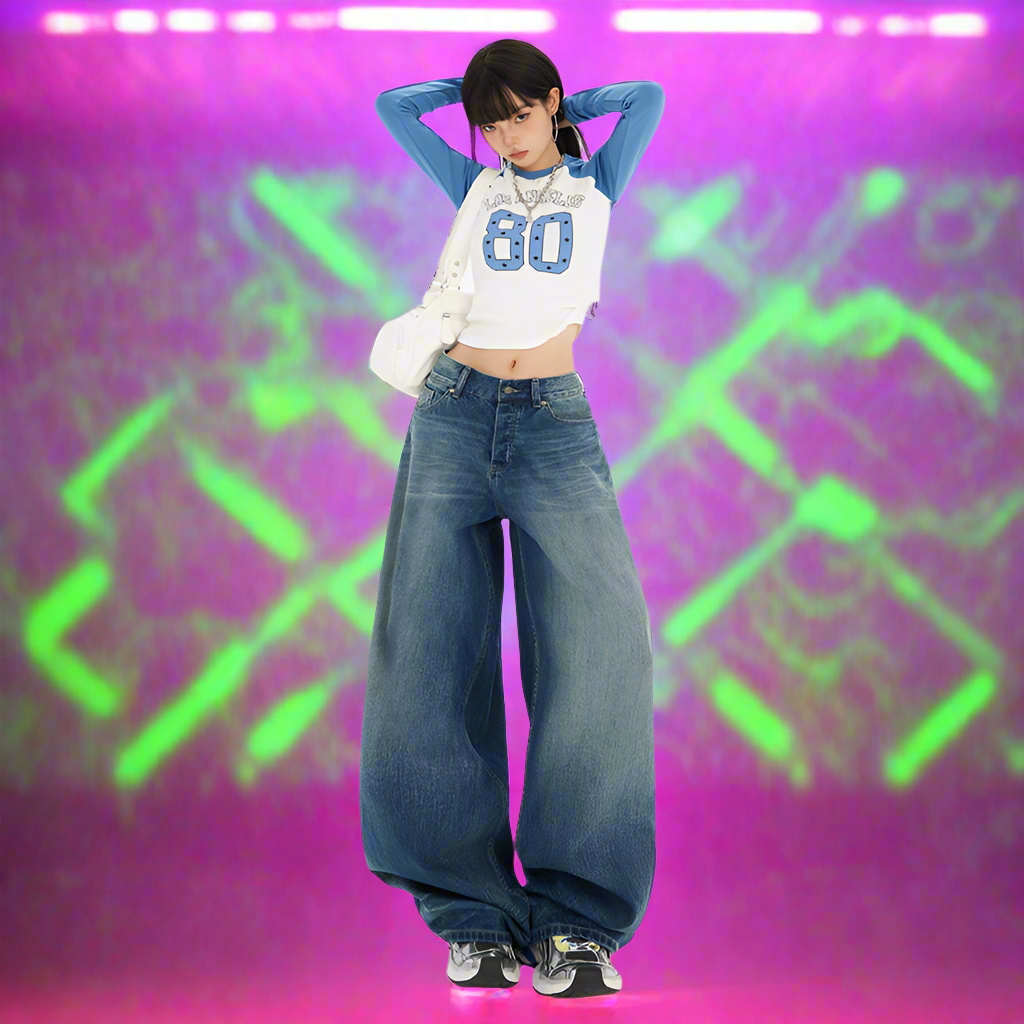 S4C Women's Blue Knife-Leg Jeans  Gradient High-Waist Loose Wide-Leg Pants