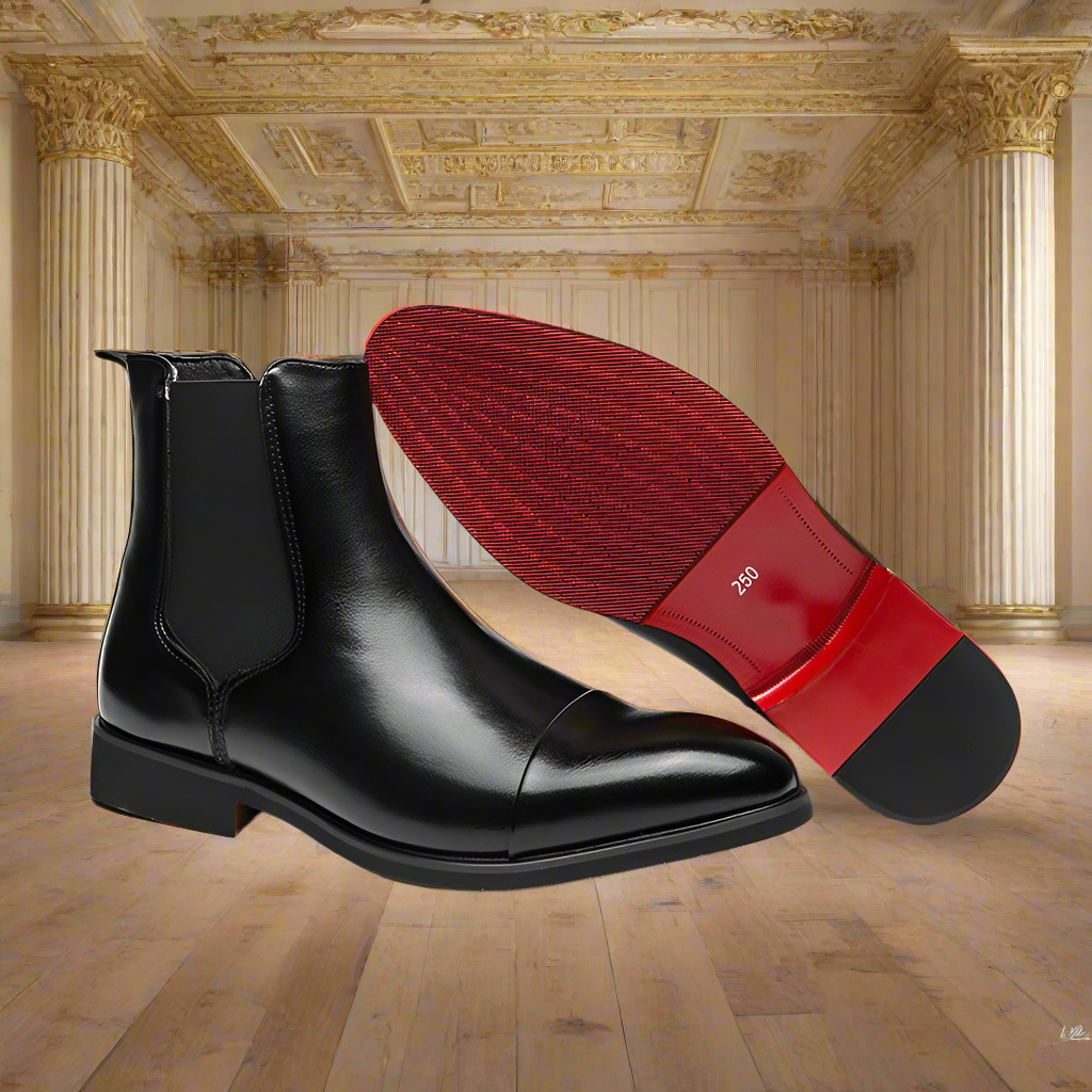 Pointed toe men's boots high top leather shoes red soles