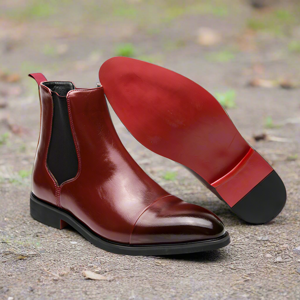 Pointed toe men's boots high top leather shoes red soles