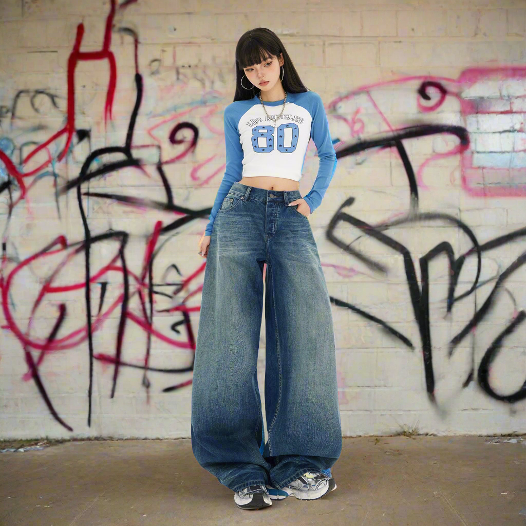 S4C Women's Blue Knife-Leg Jeans  Gradient High-Waist Loose Wide-Leg Pants