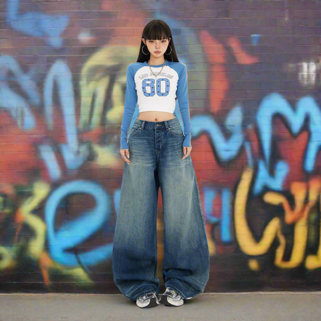S4C Women's Blue Knife-Leg Jeans  Gradient High-Waist Loose Wide-Leg Pants