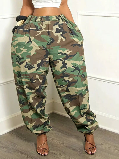 Camouflage Cargo Pants with Pockets displayed on a model, showcasing the drawstring and pocketed design.