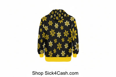 Black hoodie with yellow floral pattern on a white background