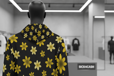 Black hoodie with yellow floral pattern on a white background