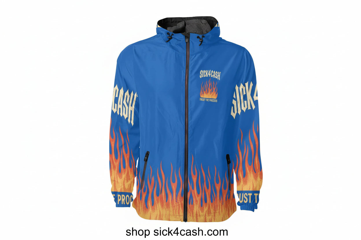 Blue jacket with flame designs and text on a white background
