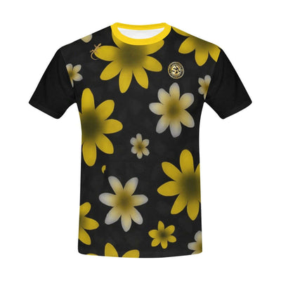 Black t-shirt with yellow and white floral pattern on a white background