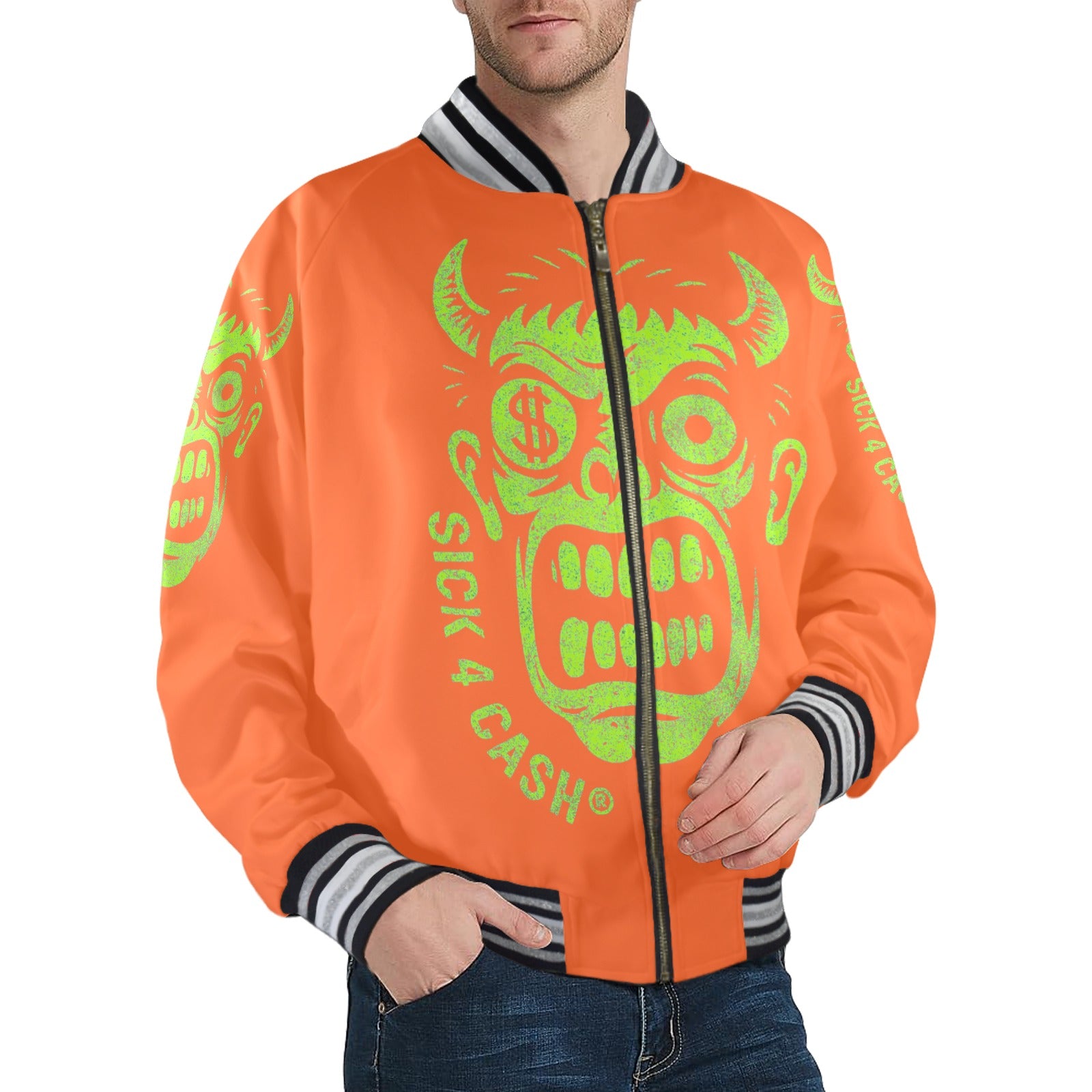 S4C CASH FACE™ Unisex Striped Trim Bomber Jacket – Halloween Edition