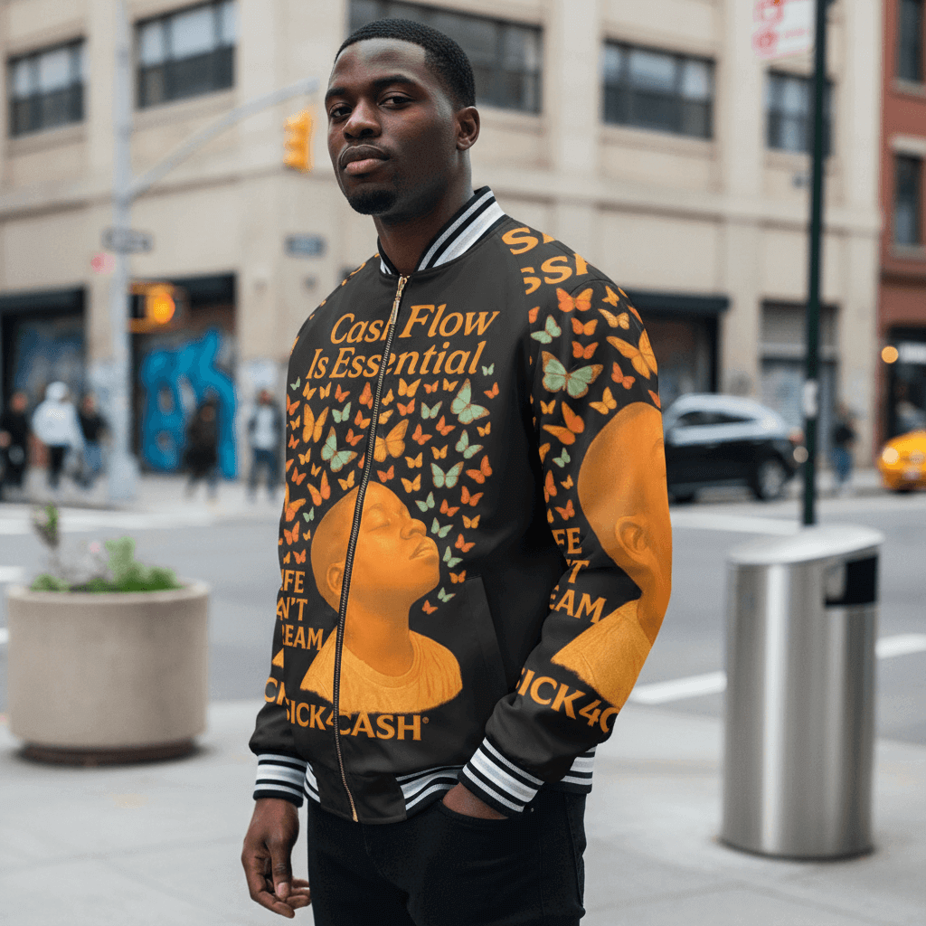 Man wearing a colorful jacket with text and graphics on a city street
