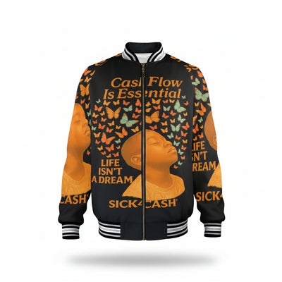 New Sick4Cash Men's Cash Flow Bomber Jacket featuring colorful butterfly design and inspirational text.