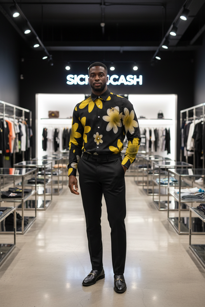 Man wearing a floral shirt in a clothing store with 'Sic & Cash' branding.