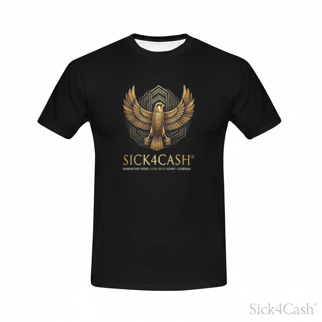 Black t-shirt with gold eagle design and 'SICK4CASH' text on a white background