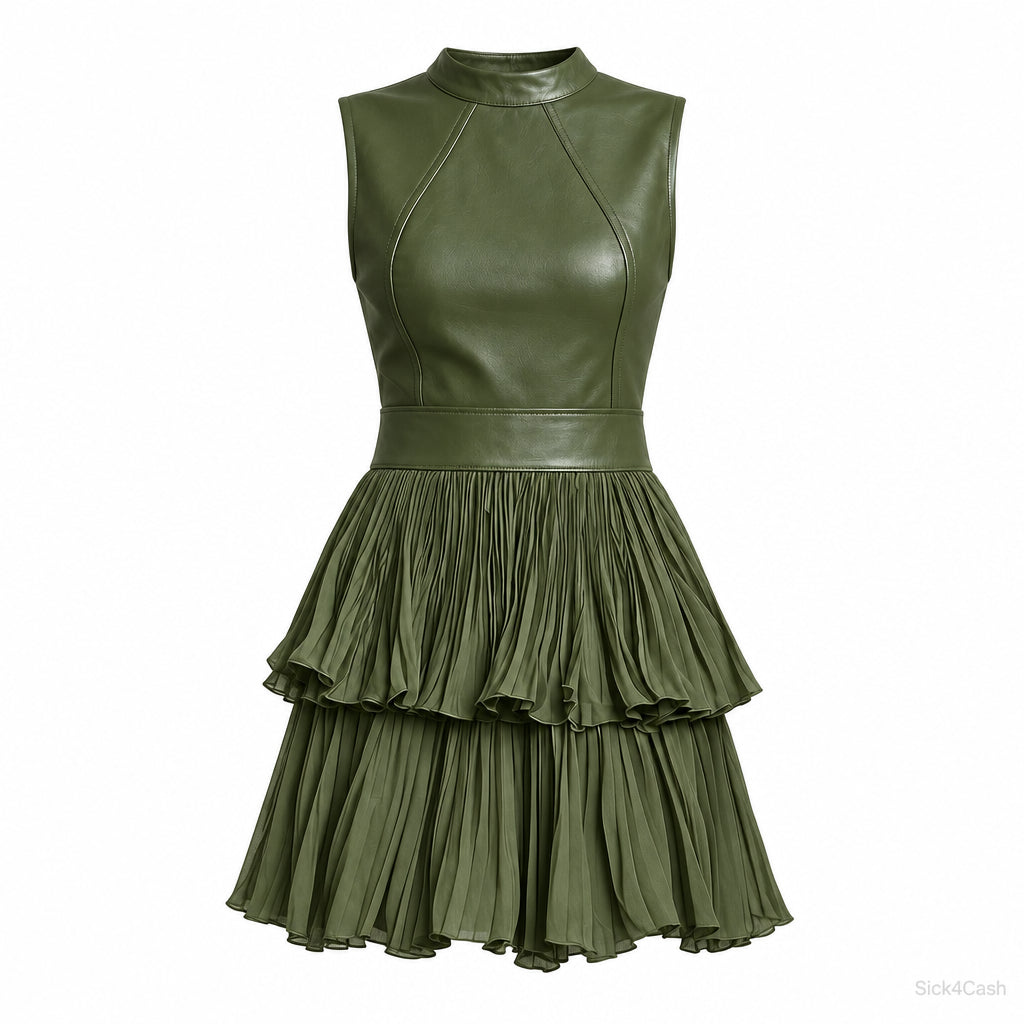 Sleeveless Faux Leather Look Pleated Mini Dress in Army Green with layered pleats and seam detailing.