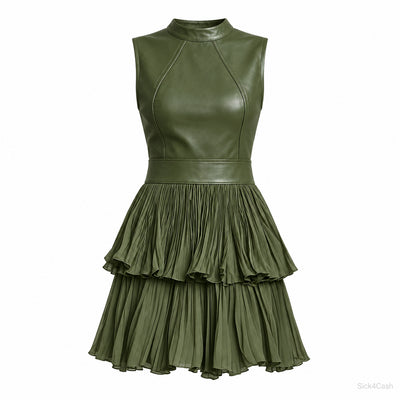 Sleeveless Faux Leather Look Pleated Mini Dress in Army Green with layered pleats and seam detailing.