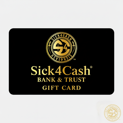 Black gift card with gold 'Sick4Cash' logo and text on a white background