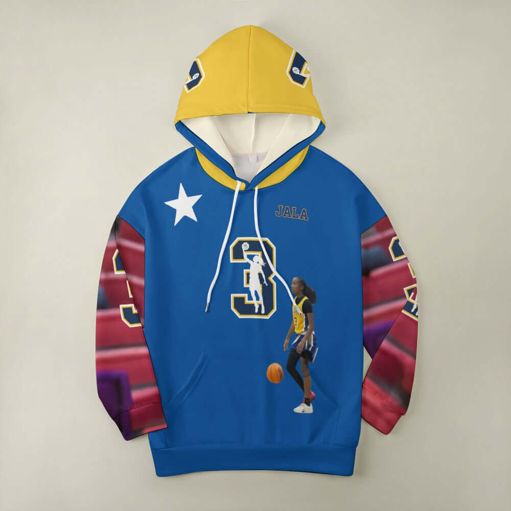 Jala McKnight Sleeve Hoodie – Adult | Powered by SICK4CASH® in blue and yellow with graphic print.