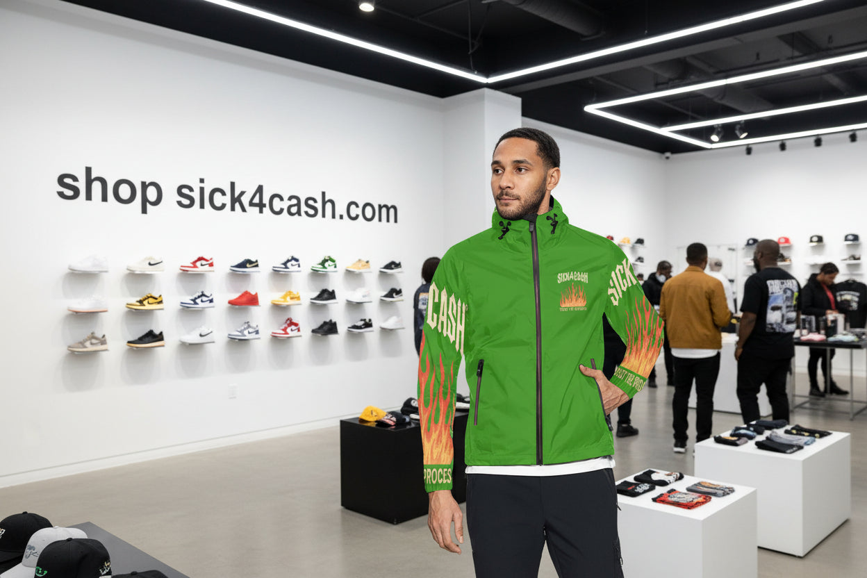 Green jacket with flame design and text on sleeves, worn by a person.