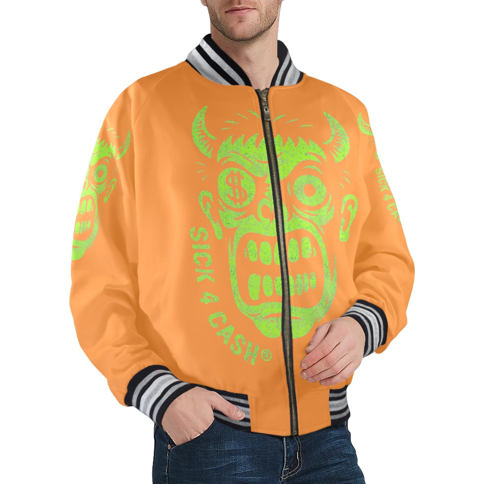 S4C CASH FACE™ Unisex Striped Trim Bomber Jacket – Halloween Edition