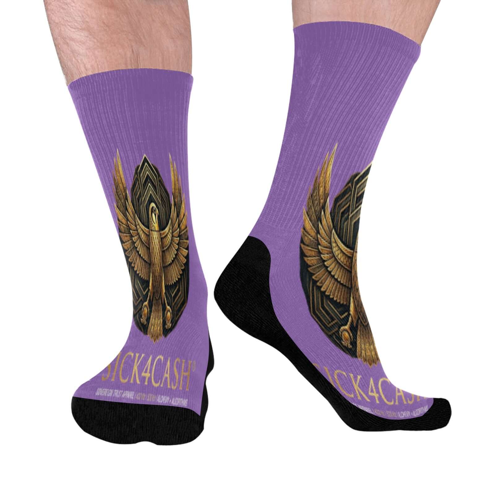 Mid-Calf Socks (Black Bottom) featuring a purple all-over print design with a solid black bottom.