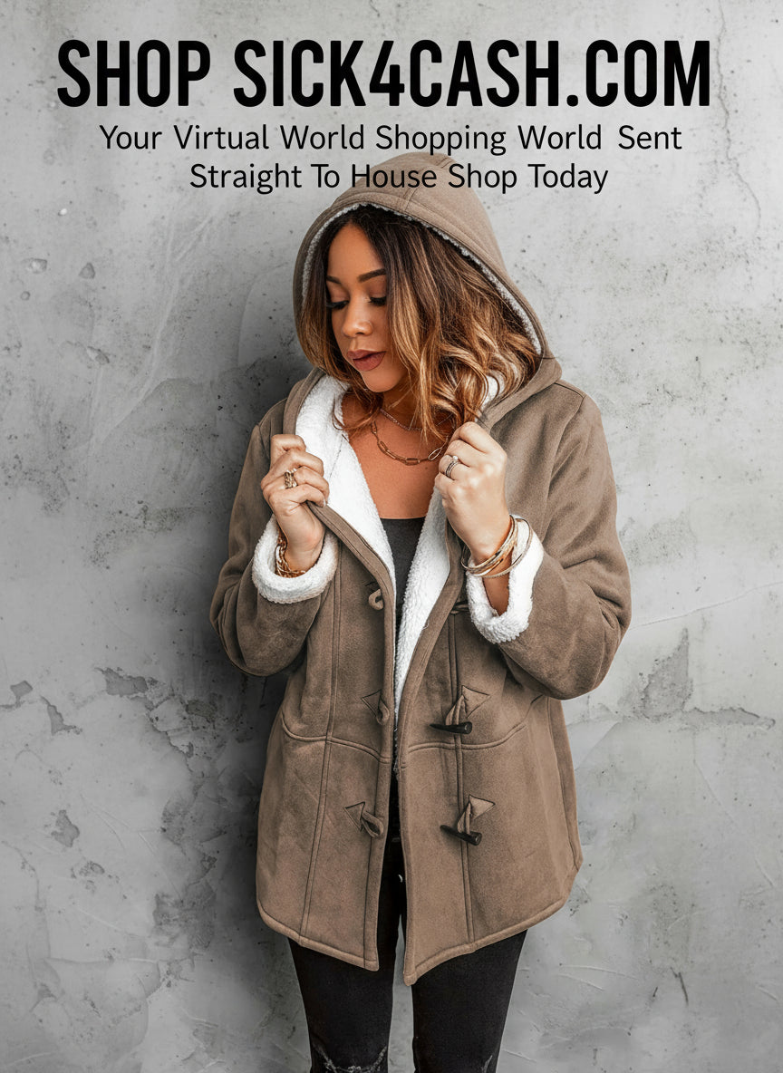 "Brown sherpa lined toggle coat with hood and white fur trim"