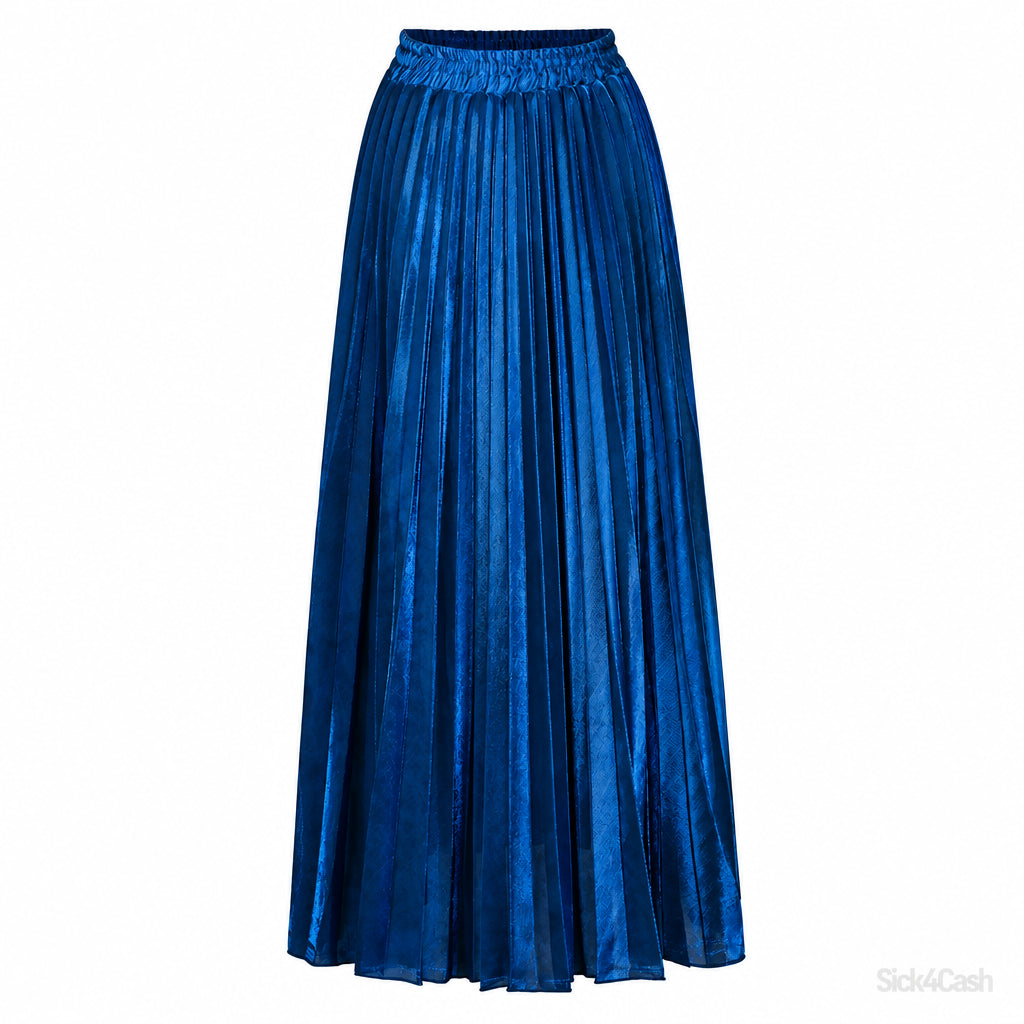 High-Waisted Metallic Pleated Maxi Skirt in vibrant blue with a pull-on waistband and stylish pleated design.
