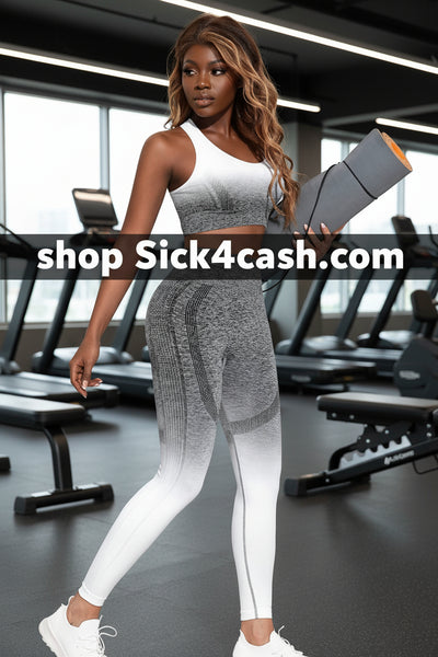 Woman igray and white athletic outfit