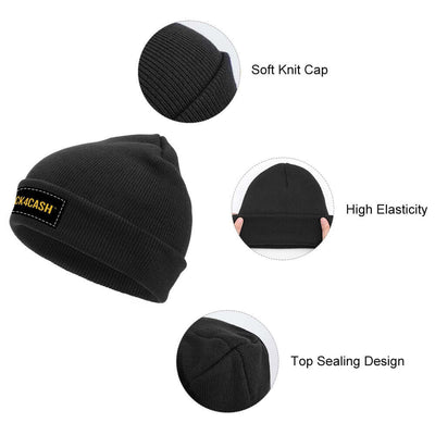 Black knit cap with features labeled on a white background