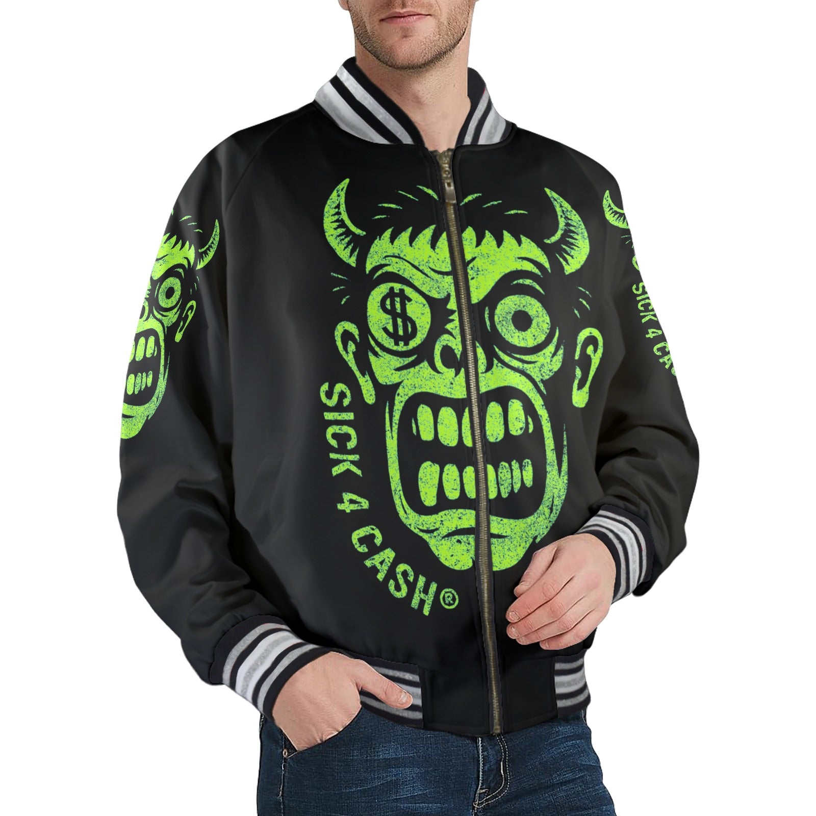 S4C CASH FACE™ Unisex Striped Trim Bomber Jacket – Halloween Edition