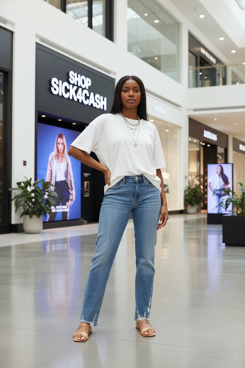 Light blue jeans worn by a person on a white background