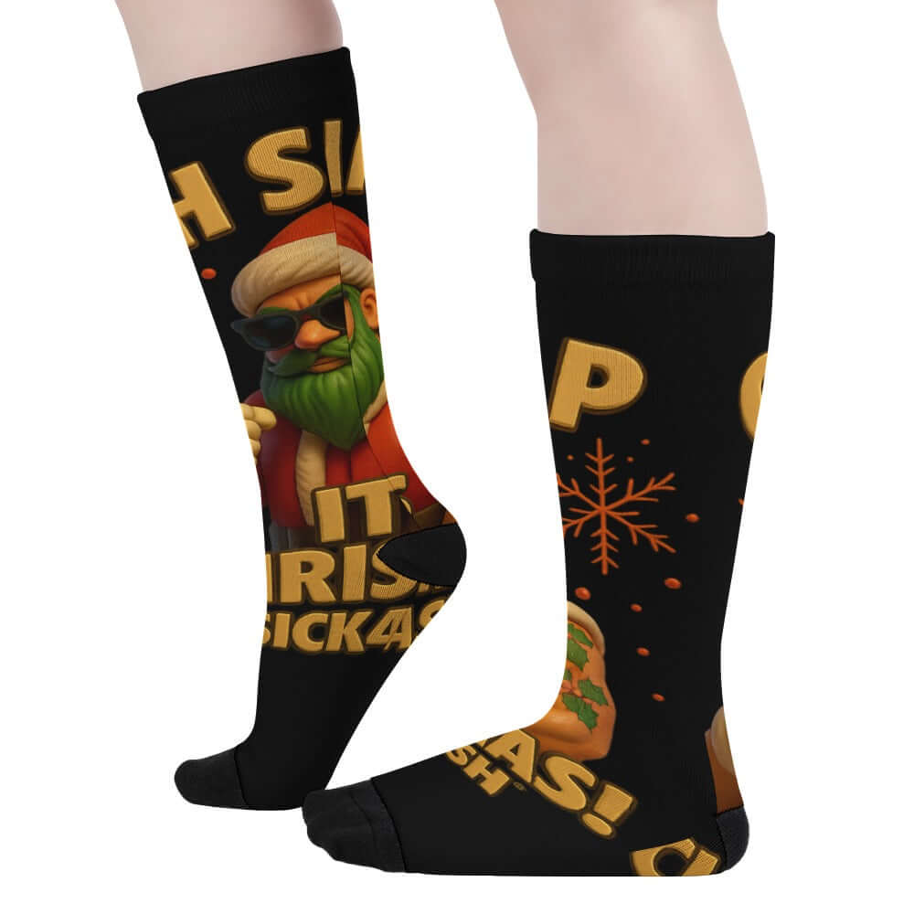 Black socks with colorful designs and text, featuring a character with a beard and sunglasses.