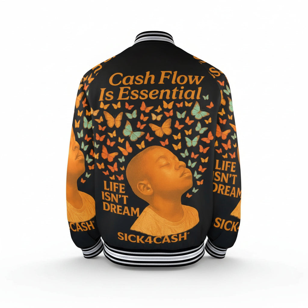New Sick4Cash Men's Cash Flow Bomber Jacket featuring vibrant graphics and a statement design on the back.