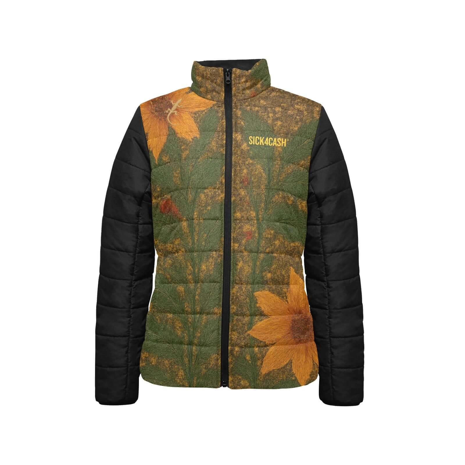 Puffer jacket with floral pattern and 'Sick Cash' branding on a white background