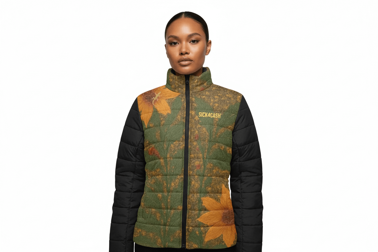 Woman wearing a green and orange patterned puffer vest with black sleeves on a white background