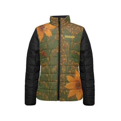 Puffer jacket with floral pattern and 'Sick Cash' branding on a white background