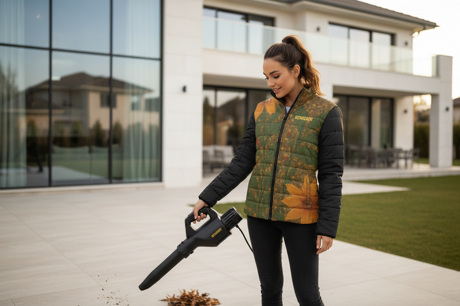 Woman using a leaf blower in front of a modern house