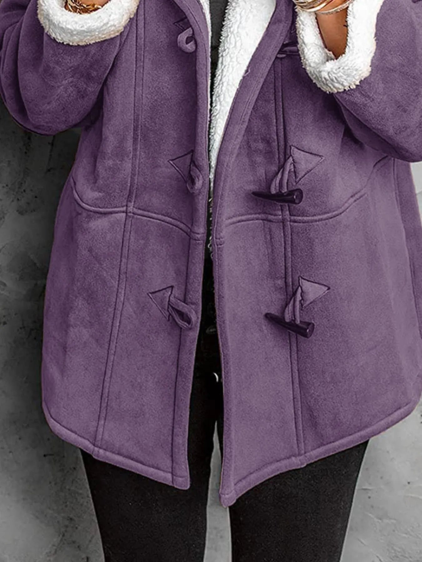 "Purple plus size toggle coat with sherpa lining"