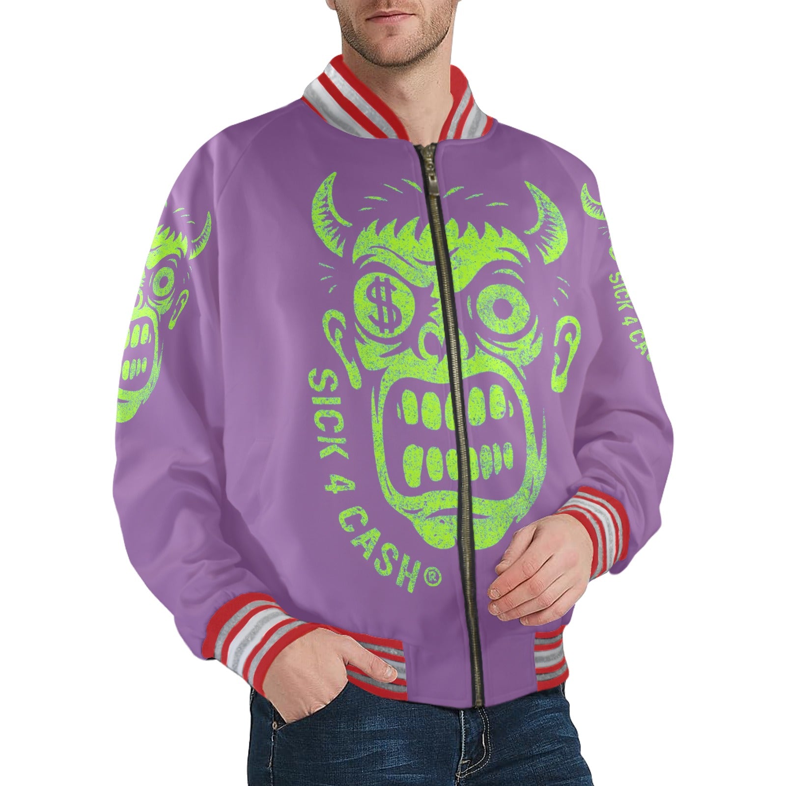 S4C CASH FACE™ Unisex Striped Trim Bomber Jacket – Halloween Edition