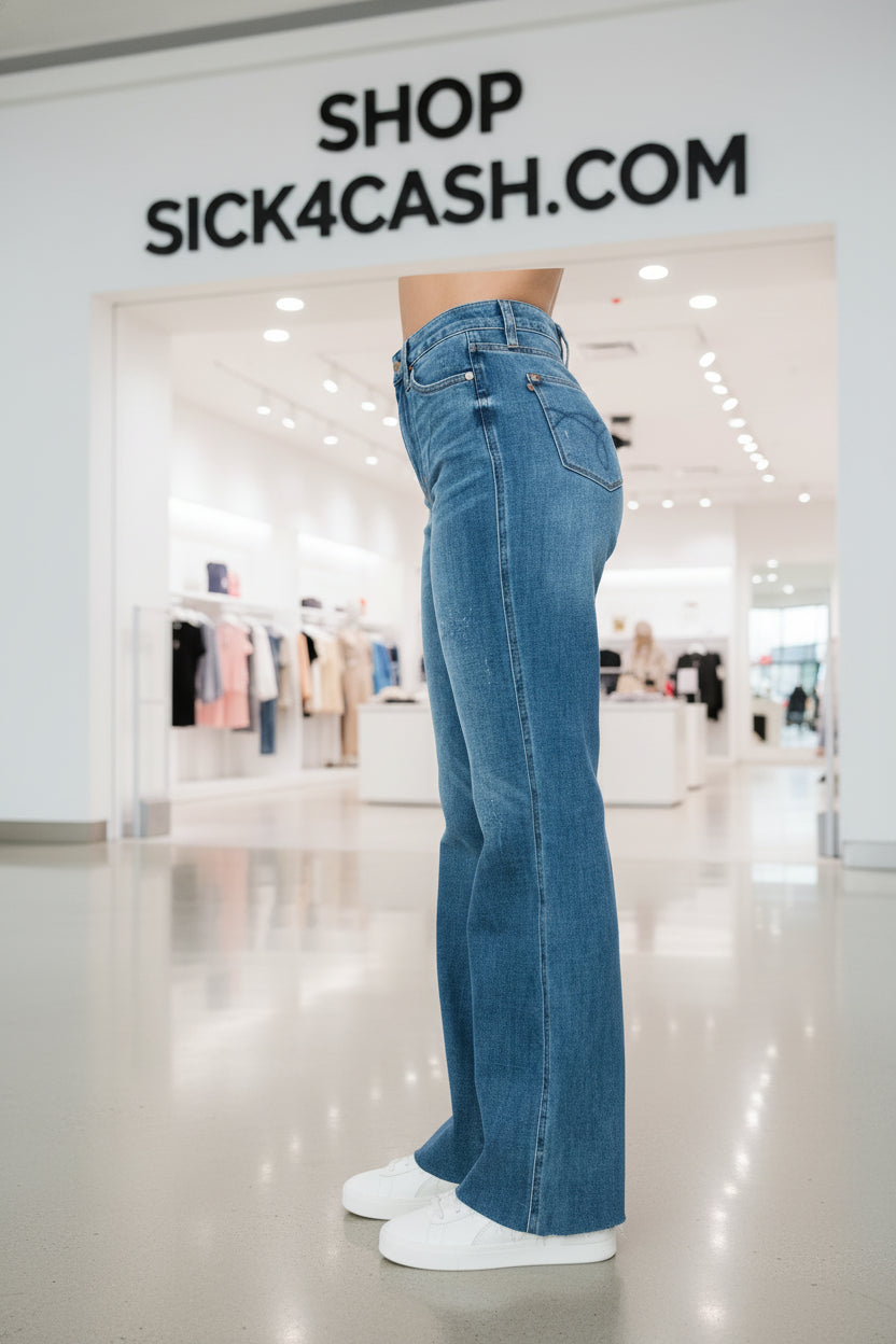 Blue jeans worn by a person on a white background