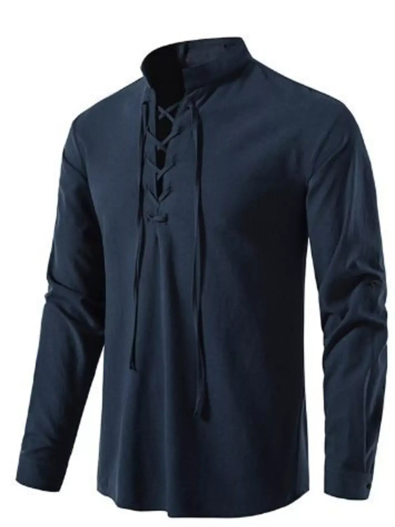 Navy blue long-sleeve shirt with lace-up front on a white background