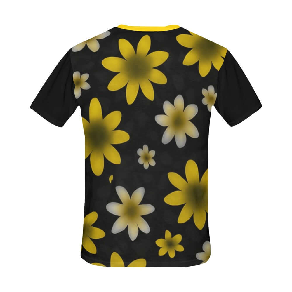 Black t-shirt with yellow and white floral pattern on a white background