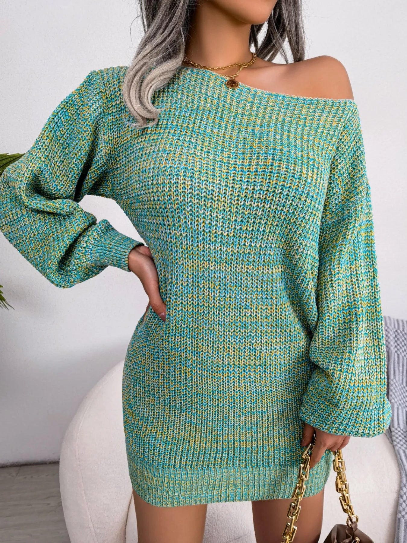 Women Multi-Color One-Shoulder Sweater Dress