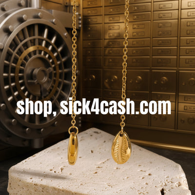 Gold chain necklace with a pendant on a textured surface