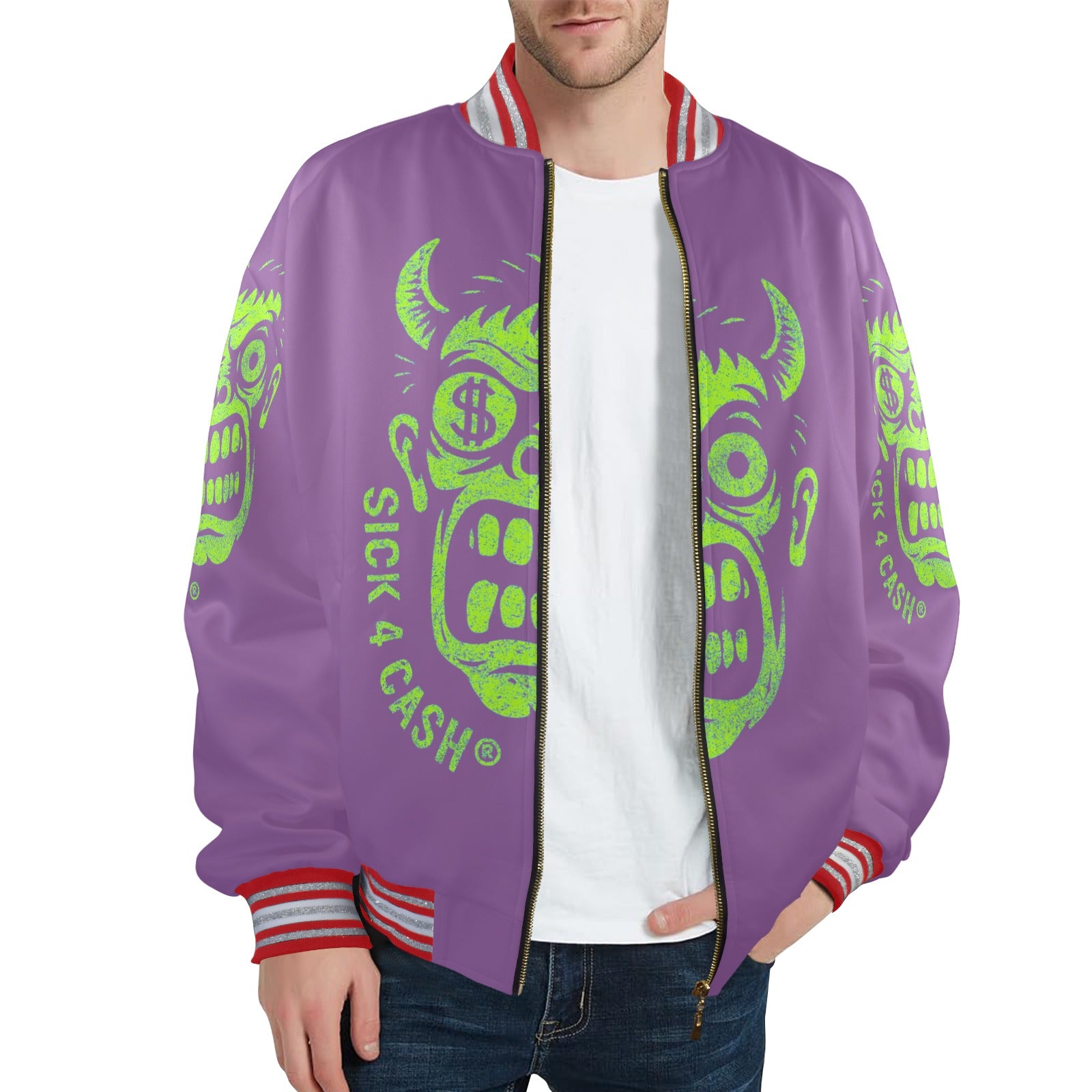 S4C CASH FACE™ Unisex Striped Trim Bomber Jacket – Halloween Edition