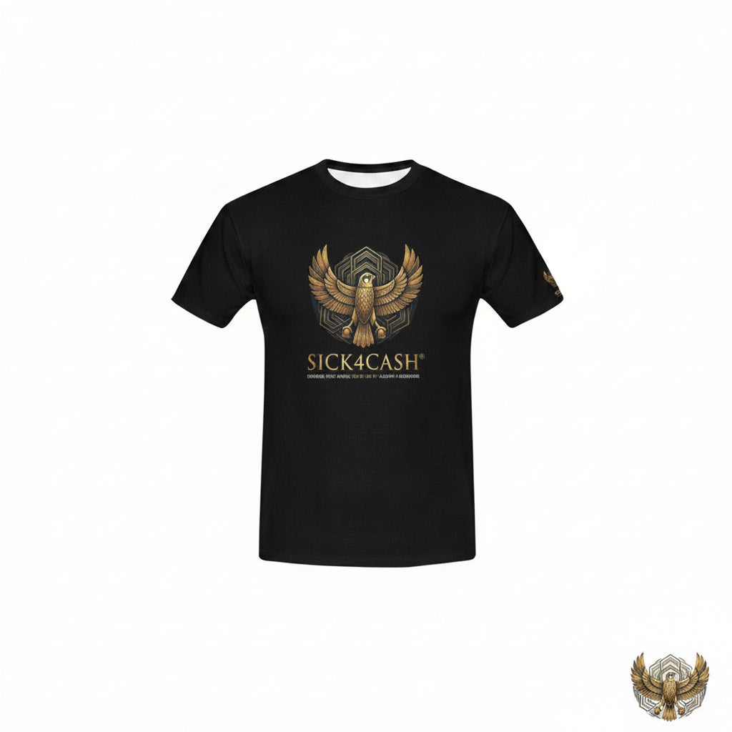 Black t-shirt with eagle logo and 'Sick4Cash' text on a white background, with size chart below.