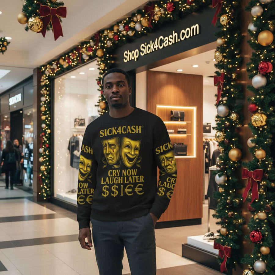 Black sweatshirt with gold text and masks on a yellow background