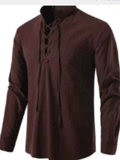 Brown long-sleeve shirt with lace-up front design on a white background