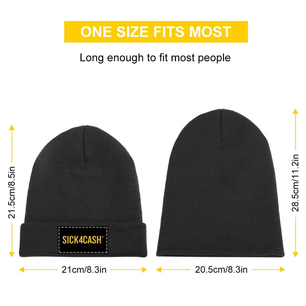 Black beanie with 'SICK4CASH' label and measurements on a white background