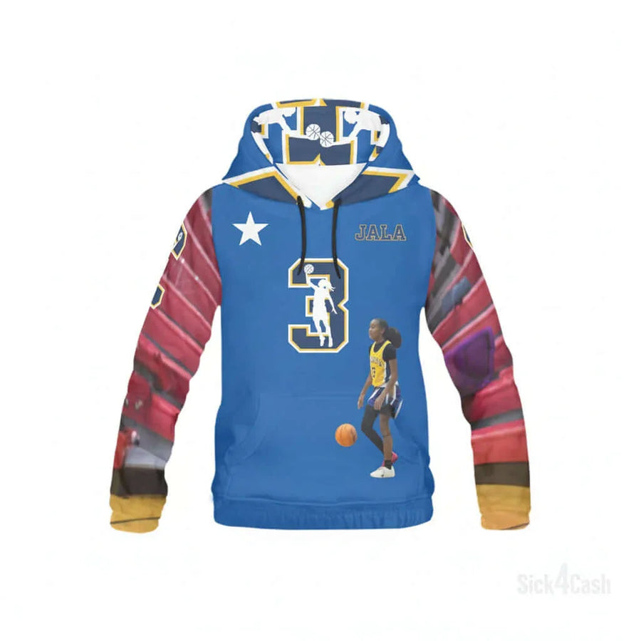 Jala McKnight Family Bundle – Adult Hoodie + Youth Hoodie + Bag | SICK4CASH® featuring vibrant basketball design.