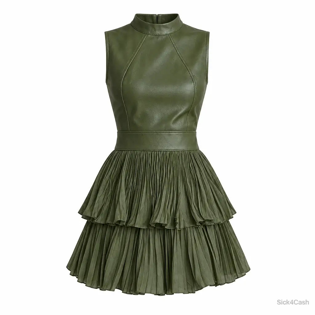 Sleeveless Faux Leather Look Pleated Mini Dress