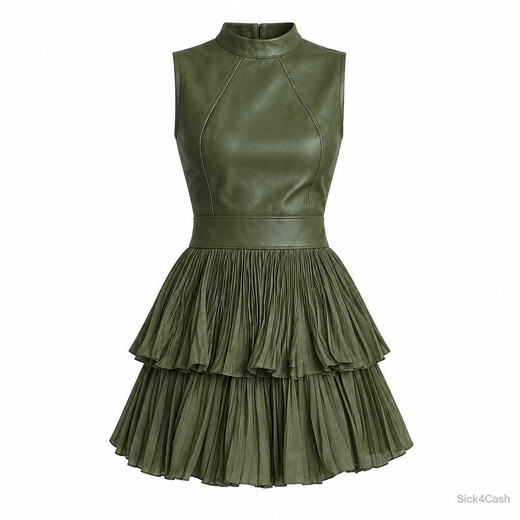 Sleeveless Faux Leather Look Pleated Mini Dress in Army Green with tiered pleated design and seam detailing.