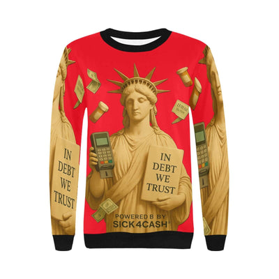Sweater with Statue of Liberty design and money-themed graphics on a red background